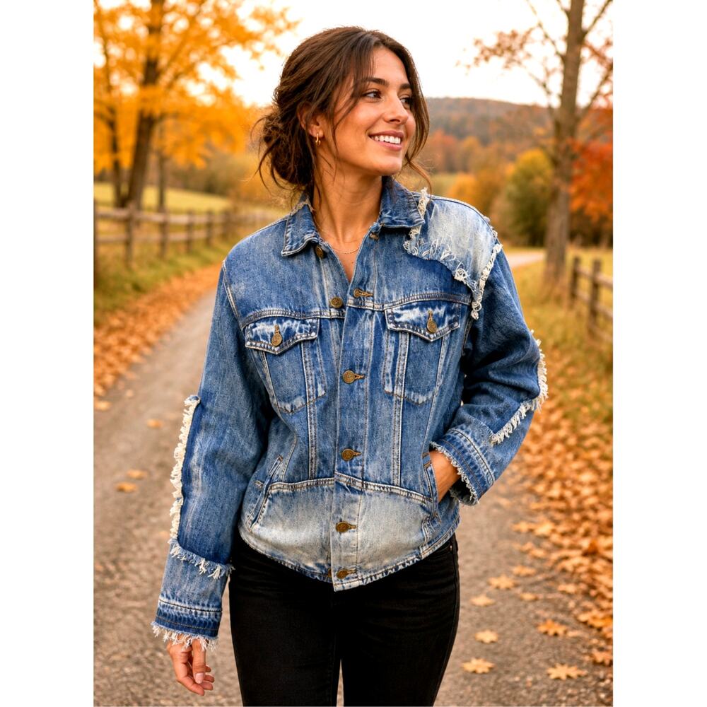 Free People X Sandrine Rose Patchwork Oversize Denim Trucker Jacket - size S